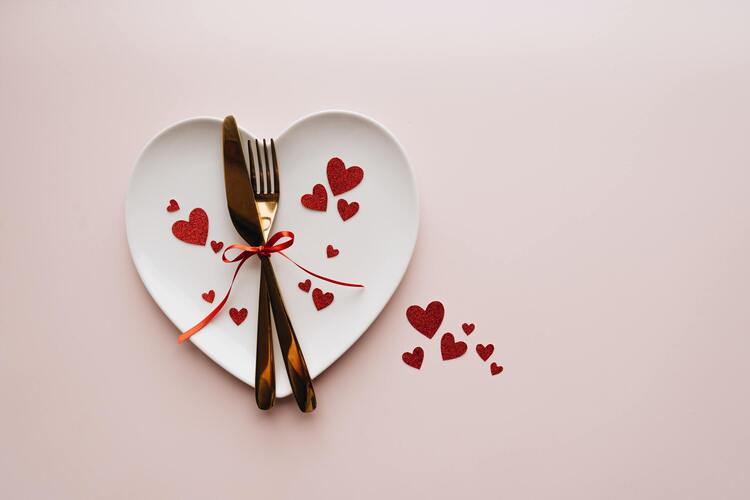 heart shaped plate with knife, fork and hearts
