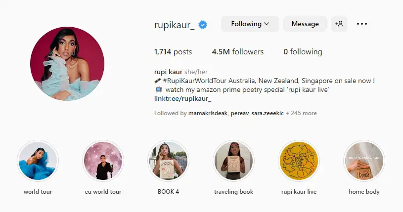 Screenshot of Rupi Kaur Instagram Account