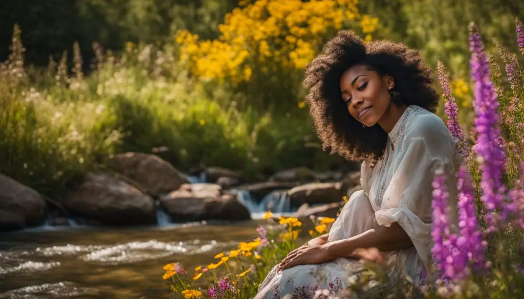A woman enjoying nature by the babbling brook with vibrant wildflowers. Inspirational Poem Topics