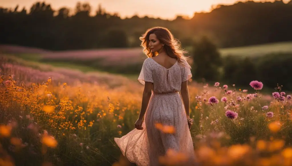 A woman walking through a field of flowers at sunset. Importance of Poetic Techniques