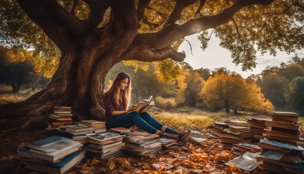 A person sitting under a tree surrounded by books and a bustling atmosphere. Poetic Techniques for Beginners