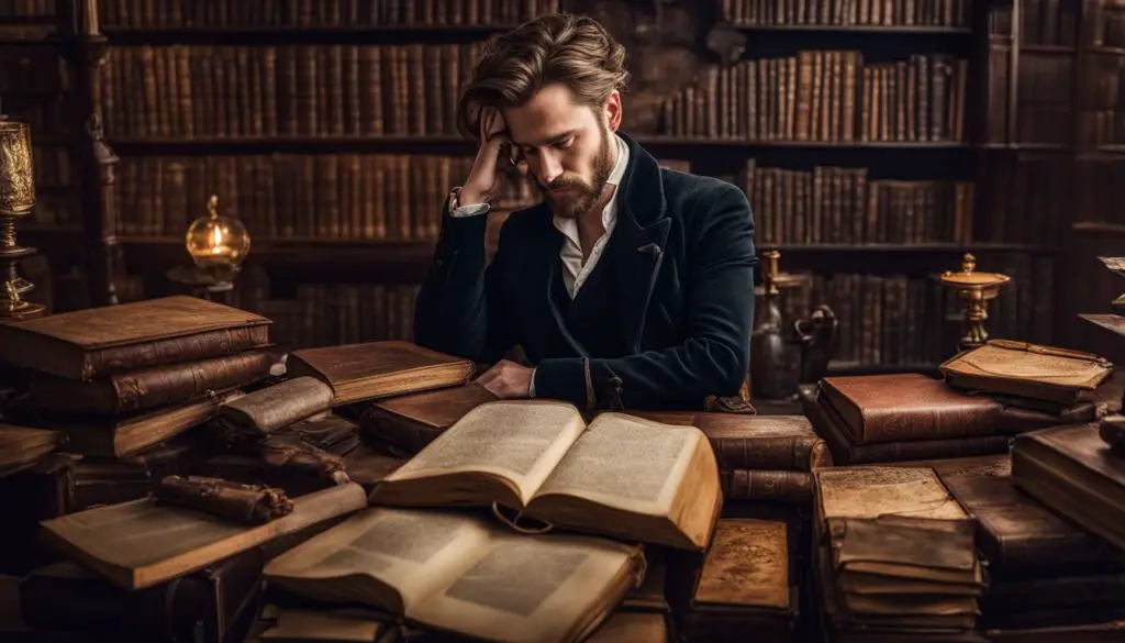 A poet surrounded by antique books and lost in thought. Specific Techniques