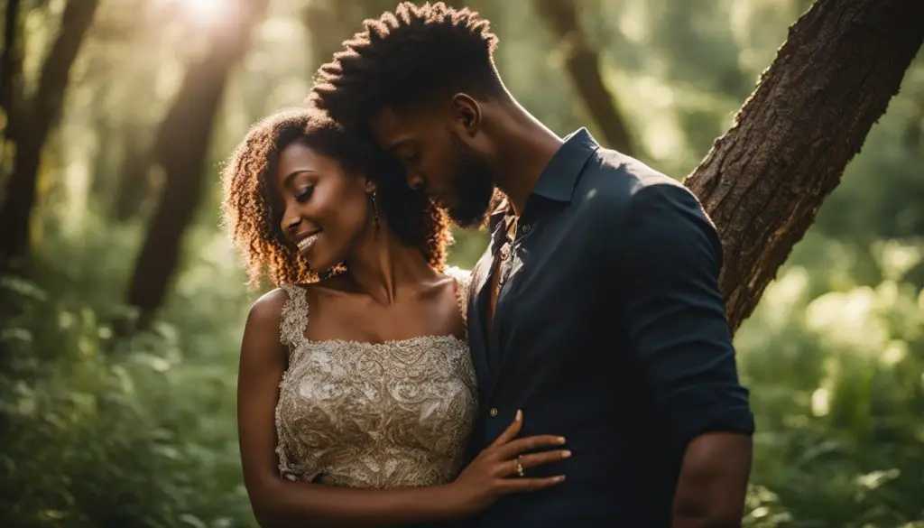 A couple embracing in a forest clearing. Techniques for Crafting a Love Poem
