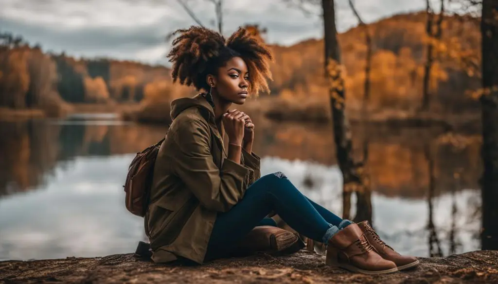 A young woman sits by a tranquil lake lost in thought. Tips for Writing a Love Poem