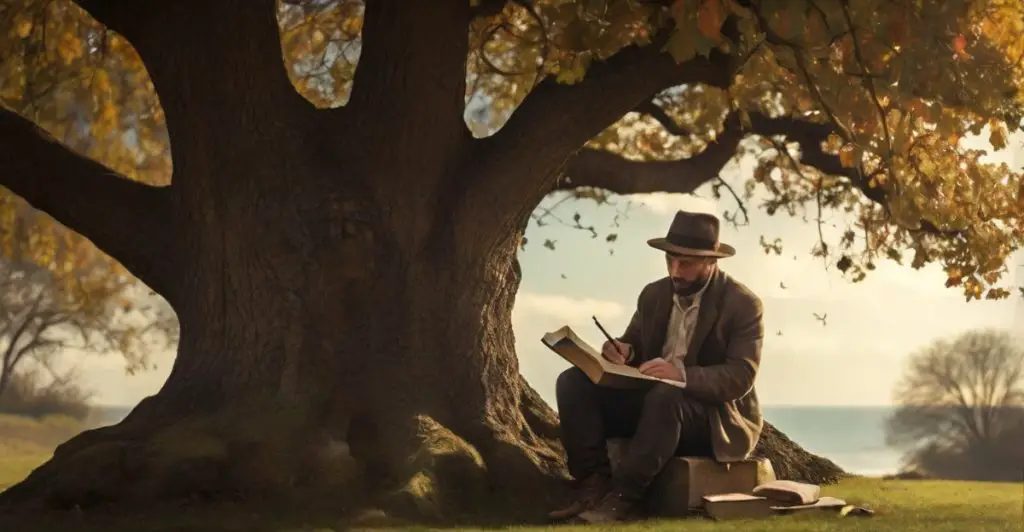 A person looks at a blank page in a cozy library. A poet writing poetry
