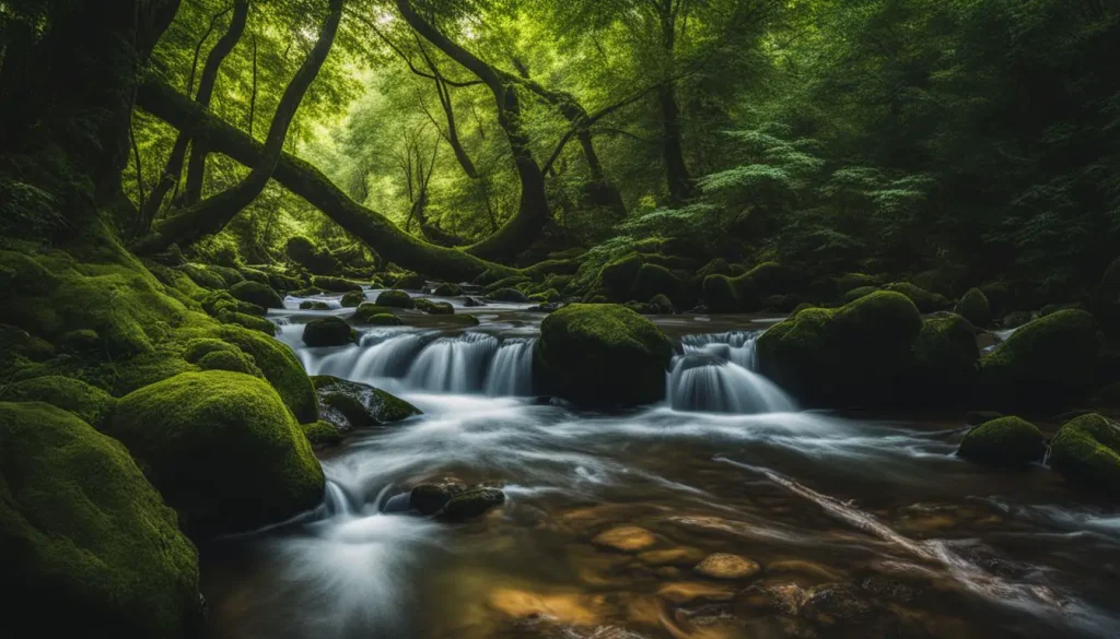 A scenic stream flowing through a diverse, lush forest with clear water. poetic scene