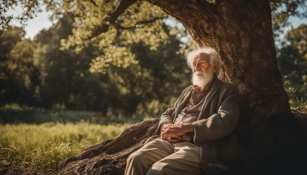 An elderly poet sitting under a tree surrounded by nature. the Effects of Poetic Techniques