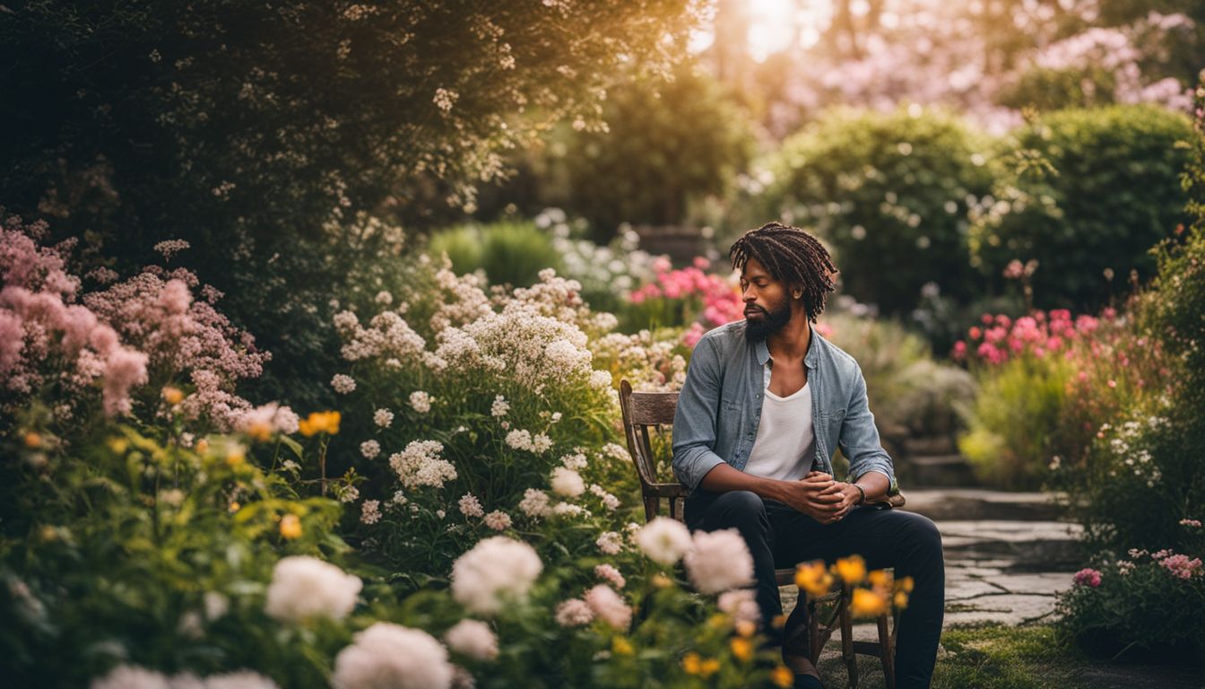 A poet in a serene garden with blooming flowers. Successful Poets