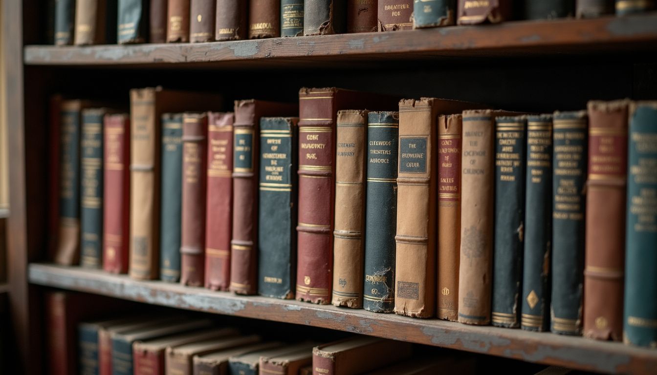 A worn bookshelf filled with poetry books, reflecting a love for literature. A worn bookshelf filled with poetry books, reflecting a love for literature.