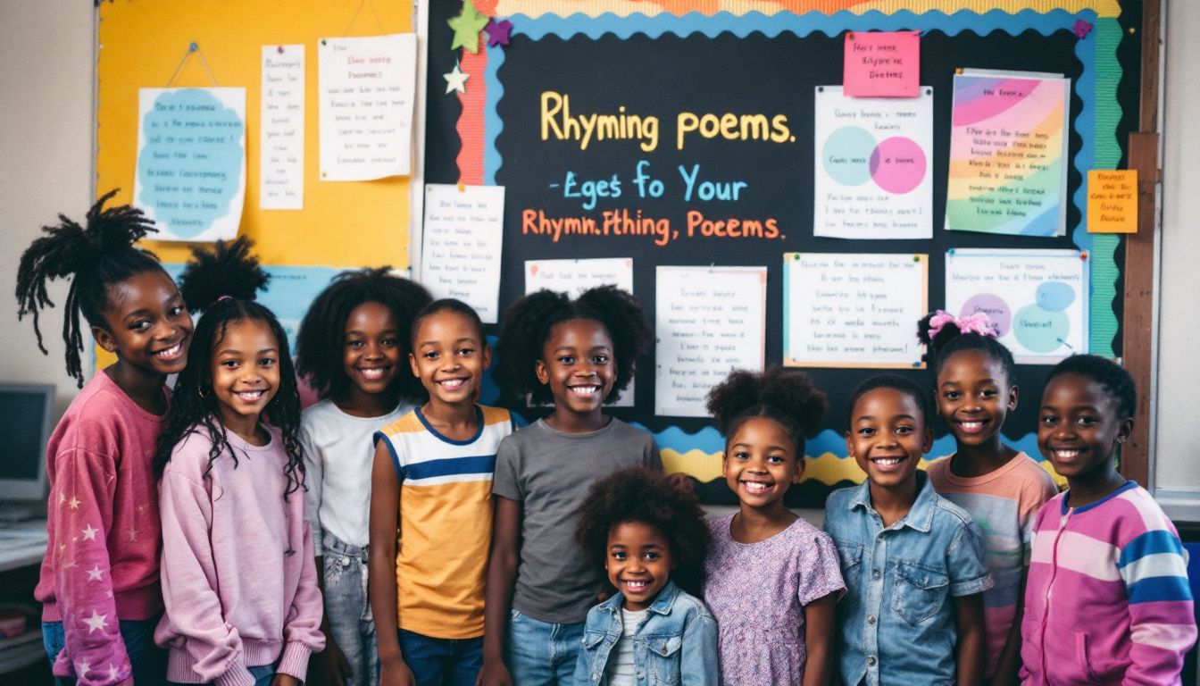 A diverse group of children in a colourful classroom, creating rhyming poems. A diverse group of children in a colourful classroom, creating rhyming poems.