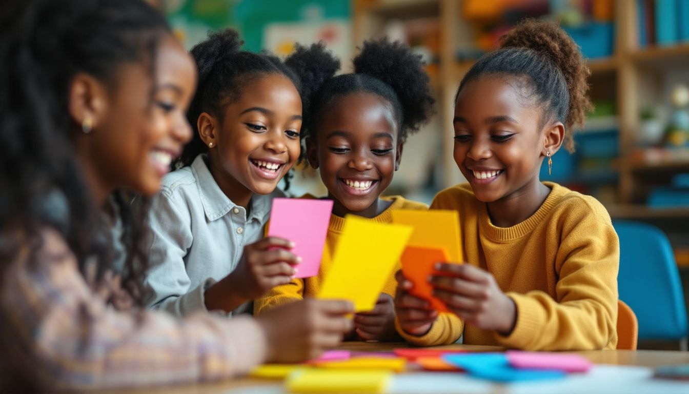 Children playing rhyming game with colorful flashcards in classroom.