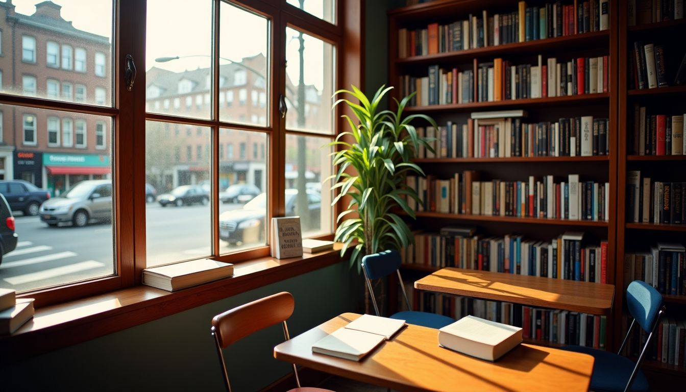 A classroom bookshelf filled with contemporary poetry collections in a vibrant city setting. Modern Poets to Include in Lessons
